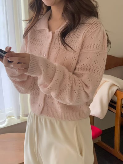 花邊翻領鏤空排釦針織衫1