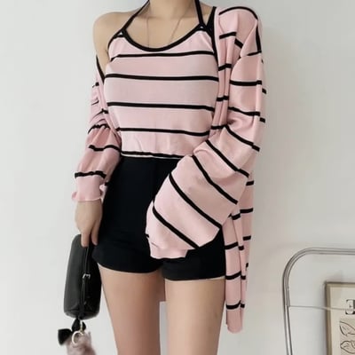 圓領合身薄款橫條紋針織小罩衫6