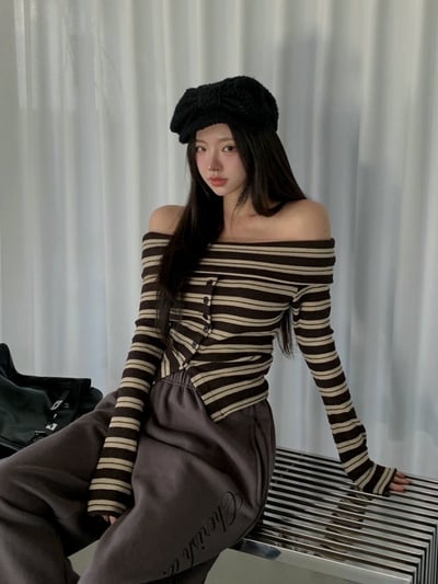 反摺領條紋排釦下開衩針織衣8