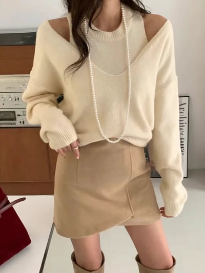 大V領針織+素色背心SET6