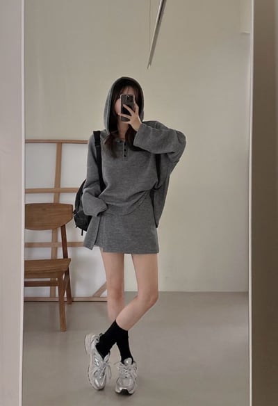 排釦連帽針織衫＋鬆緊開衩褲裙SET17