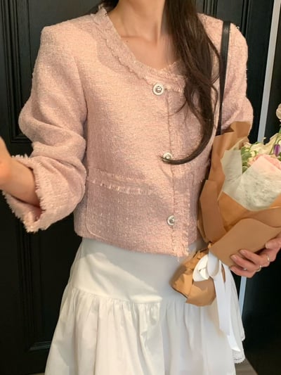 薄款花呢抽鬚短版珍珠釦小香外套7