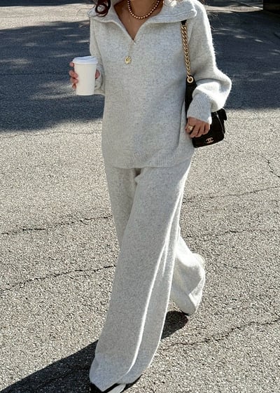 大翻領針織上衣+寬褲SET8