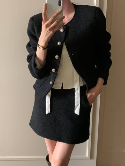 圓領銀扣金蔥小香外套＋織紋短裙SET2