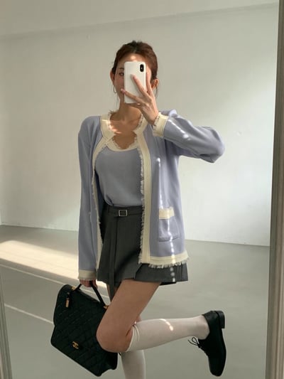 圓領抽鬚滾邊開心外套＋撞色背心SET1