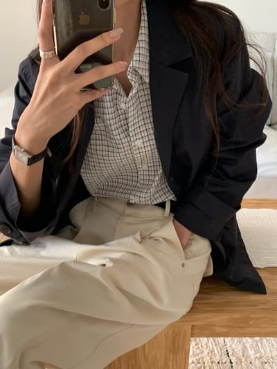 落肩壓紋面料格紋襯衫5