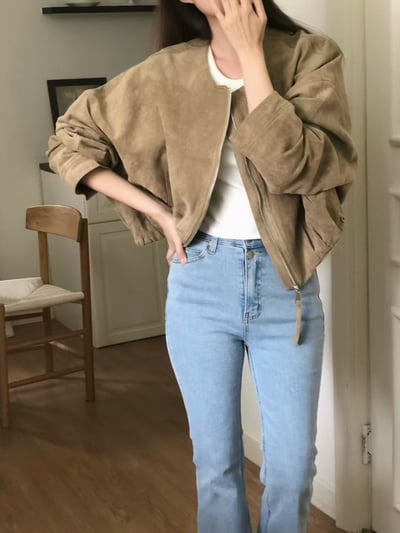 落肩圓領薄款麂皮拉鍊夾克1