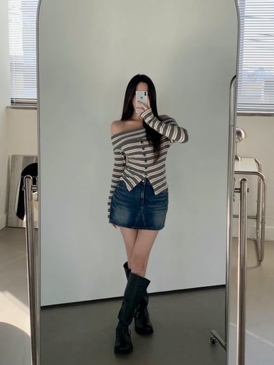 反摺領條紋排釦下開衩針織衣9