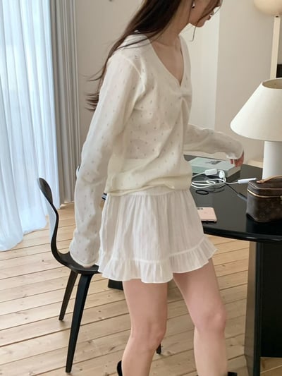 前綁結花邊Ｖ領棉麻衫＋荷葉棉麻短裙SET(可拆買）8