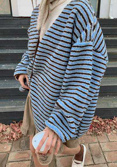 落肩配色橫條紋磨毛開襟外套6
