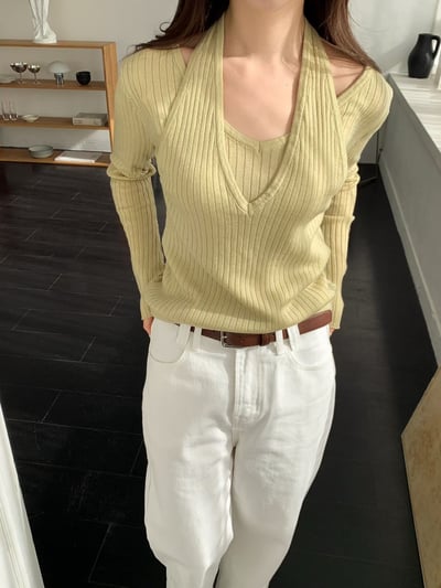 繞頸假兩件Ｖ領坑紋針織衫3