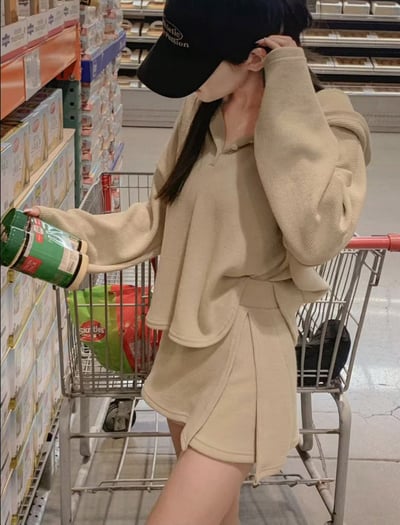 排釦連帽針織衫＋鬆緊開衩褲裙SET4