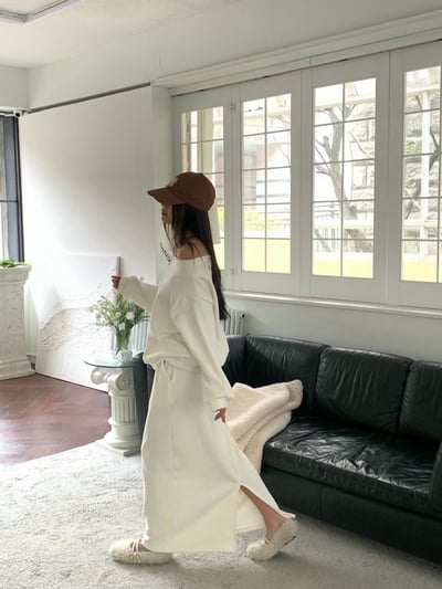 刷毛平領大學Ｔ＋後開衩磨毛長裙SET7