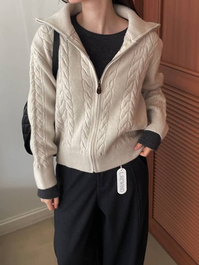 皮革拉鍊翻領麻花針織衣(羊毛30%）3