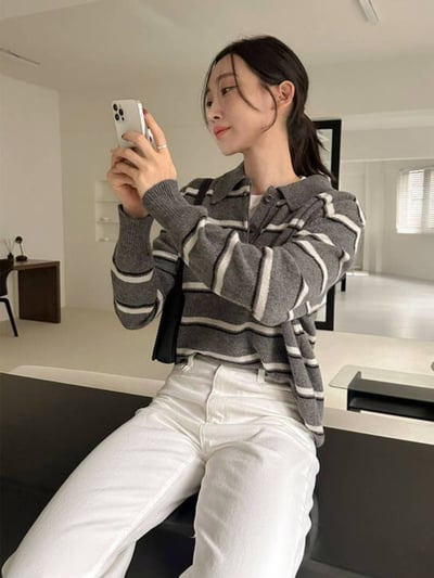 polo排釦領跳色橫條紋羊毛針織衣（100%)6