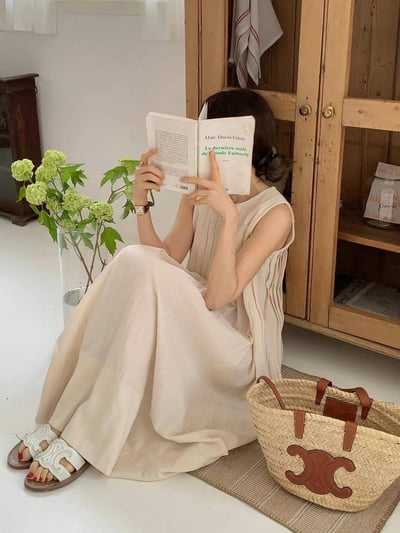 圓領棉麻百摺背心長洋8