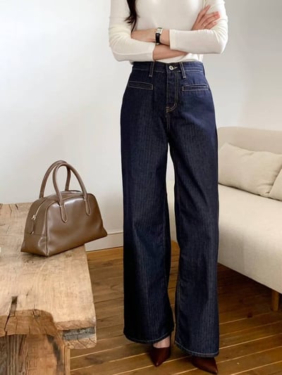 一字口袋車線壓紋直筒牛仔褲2