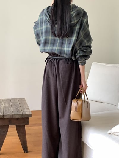 後鬆緊前壓褶秋冬厚款寬褲（附皮帶)7