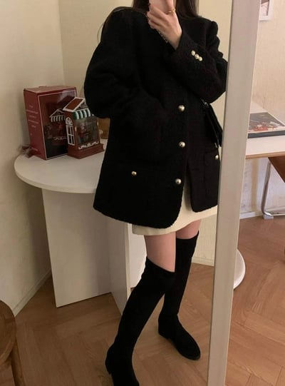 泰迪熊羔毛雙口袋金釦長版外套4