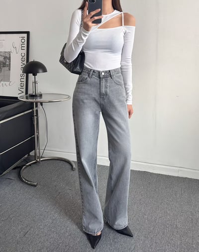 霧灰刷色高腰微寬直筒褲5