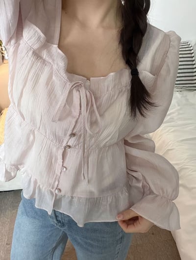 方領荷葉滾邊前綁結排釦雪紡衫4