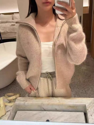 兔毛混馬海毛金屬logo可高領外套5