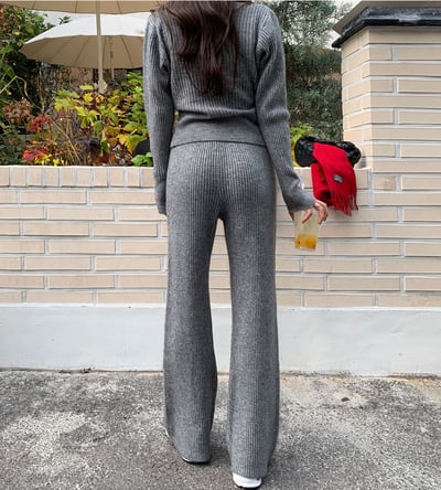 -2kg超顯瘦！Ｖ領坑紋針織衫+鬆緊長褲SET12