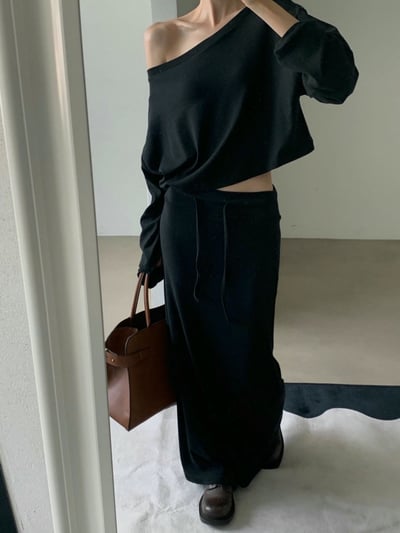 斜肩寬版短腰薄Ｔ+低腰抽繩長裙SET3