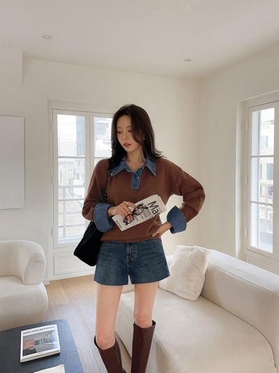 拼接銀釦牛仔面料針織衫5