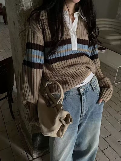 拼接襯衫領配色條紋粗勾針織衣4