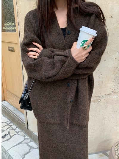 兩面穿排釦針織外套＋鬆緊長裙SET13