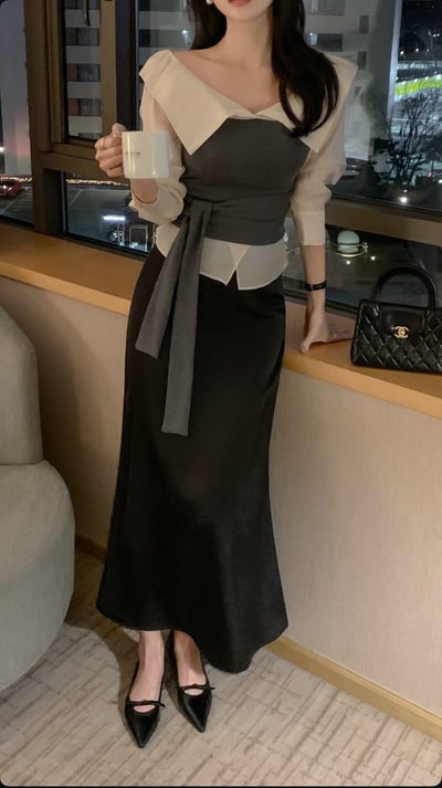 假兩件翻領拼接側綁結背心4