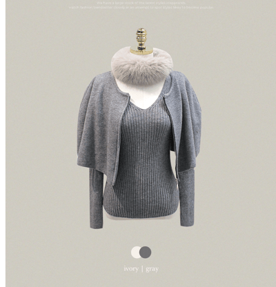 三件組｜Ｖ領坑紋針織衣+小斗篷＋可拆毛圈SET13