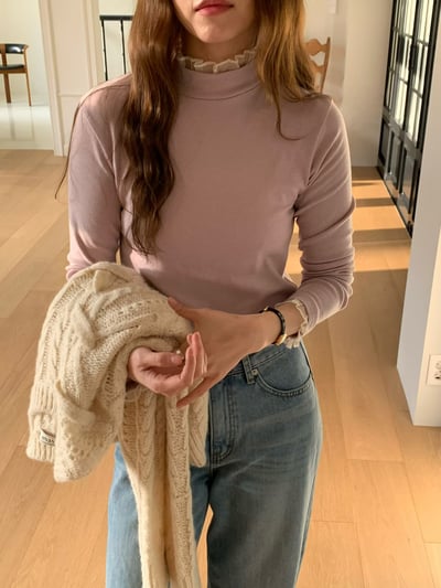 拼接花邊邊網紗高領打底衣5