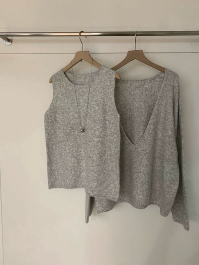 針織圓領背心+V領長袖上衣兩件套1