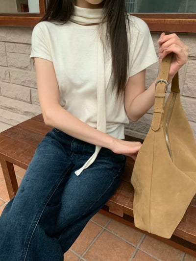 素色短袖薄款羊毛衣（附綁巾）15