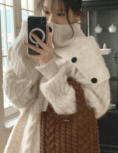 （限量款）圓領麻花針織衣＋排釦圍脖＋鬆緊短褲SET15