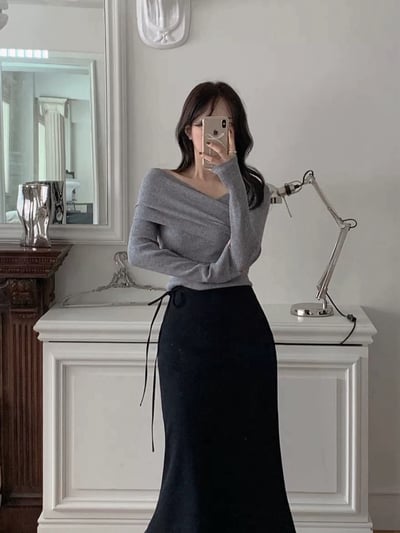 兩穿斜肩紐結包芯紗針織衣3