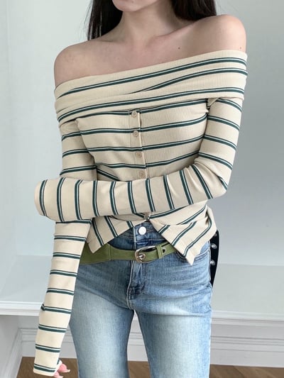 反折平領排釦下開衩橫條紋針織衫2
