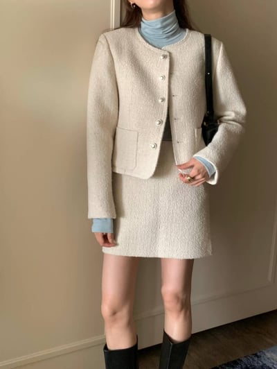 圓領銀扣金蔥小香外套＋織紋短裙SET3