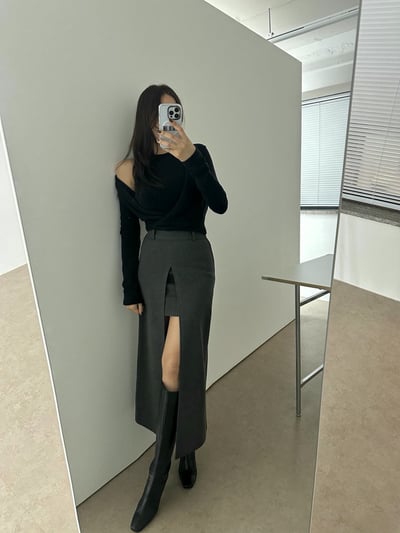 前大開衩雙層造型毛呢長裙3