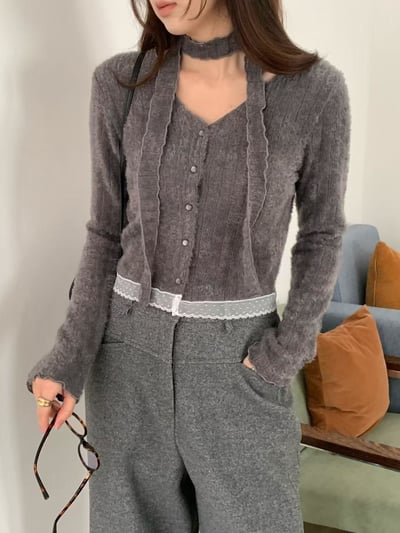 排釦下擺滾邊紗+小絲巾上衣3