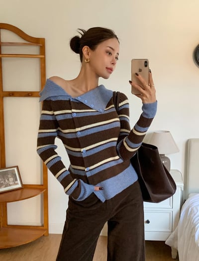 側排釦反折翻領撞色針織衫9