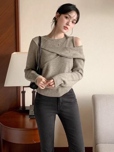 (客訂勿下單）前交叉紐結單肩鏤空薄款針織衫2