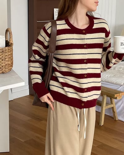 奶油酒紅跳色條紋針織衫5
