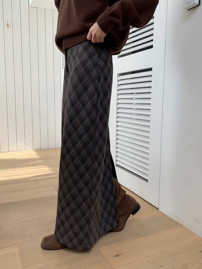 高腰隱藏釦菱格紋磨毛長裙2