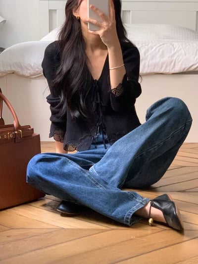 緹花造型綁帶針織上衣2