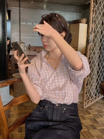 翻領格紋襯衫2