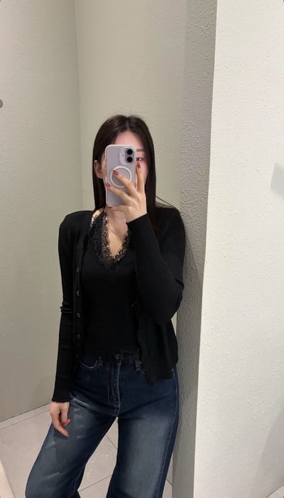 蕾絲滾邊背心＋排釦外套假兩件針織衫2