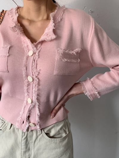 大圓釦抓破感滾邊設計針織衫2